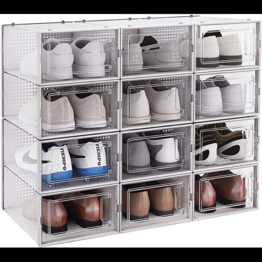 12 Pack Clear Plastic Stackable Shoe Boxes, Drop Front Shoe Organizer for Closet